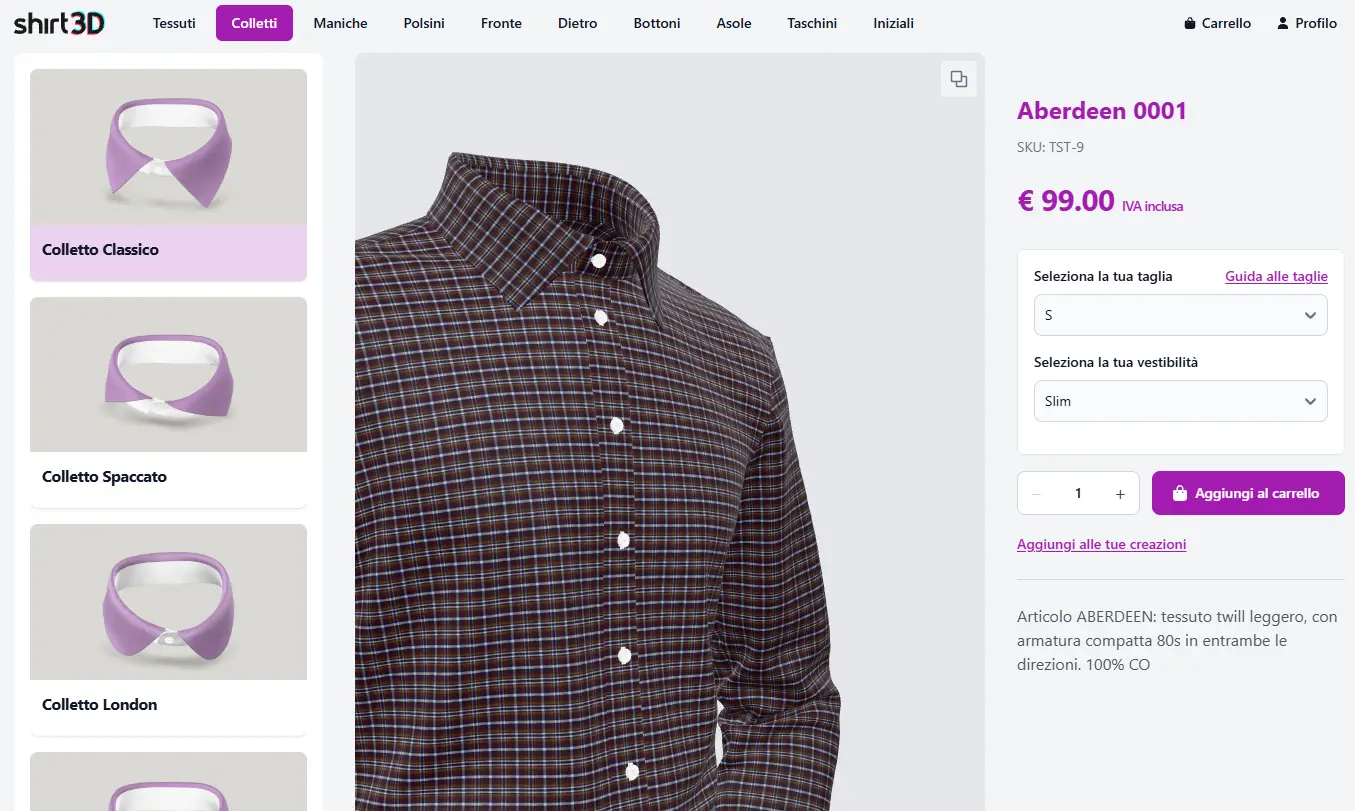 Configuratore 3D per camicie su misura