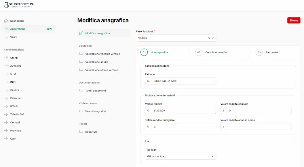 Dashboard del gestionale su misura per lo Studio Boccuni di Taranto